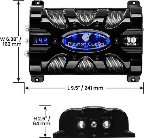 Miniatura 4 de Planet Audio PC10F Condensador para coche - 10 Farad, almacenamiento de energía, mejora del bajo del estéreo, tonos de advertencia, medidor