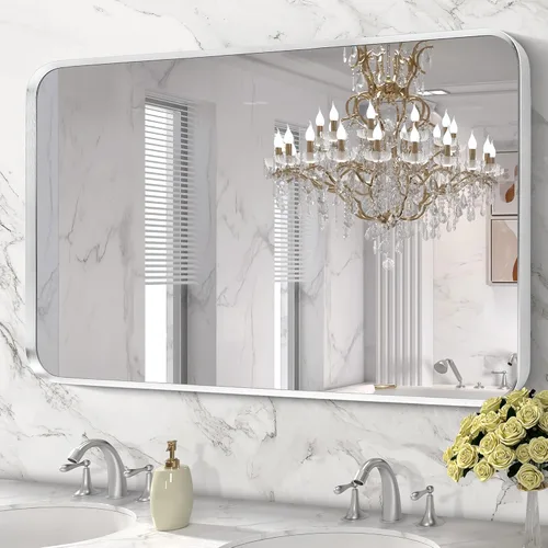 Miniatura 26 de Espejo de montaje en pared para baño, espejo rectangular de tocador rectangular con marco de metal negro cepillado (16 x 20 pulgadas, negro)
