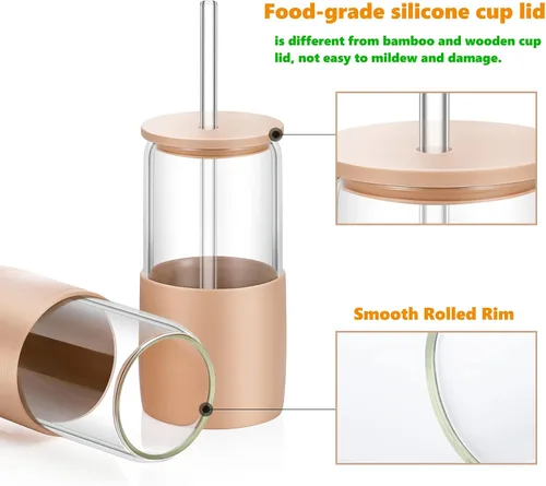 Miniatura 5 de Sunseeke Vaso de vidrio con popote y tapa, taza de café helado de 16oz, manga de silicona y cepillos de limpieza, vasos para agua, café helado