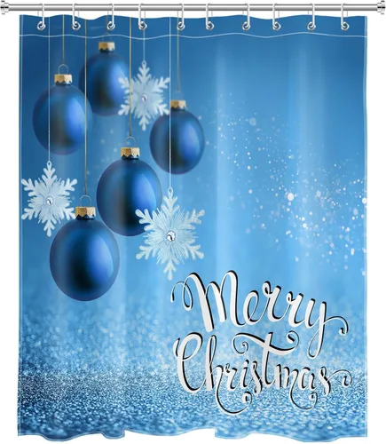 Miniatura 2 de LB Cortina de ducha de Feliz Navidad para baño, bola de Navidad azul marino y cortina de ducha de tela de copo de nieve blanco con ganchos, juego