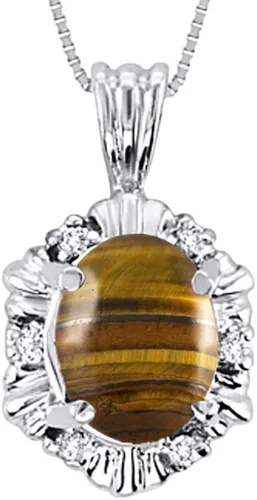 RYLOS Collares para mujer, oro blanco de 14 quilates, collar con colgante de ojo de tigre y diamante con cadena de 18 pulgadas, joyería de piedras