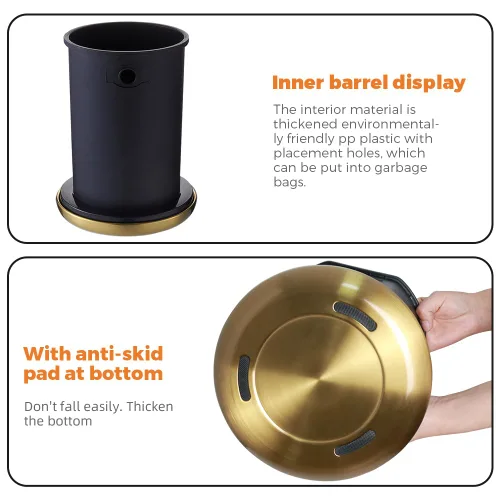 Miniatura 4 de Basurero de oro cepillado de 10L/2.6 galones, cubo de basura de acero inoxidable, cubo de basura cónico con apertura superior, bote de basura dorado