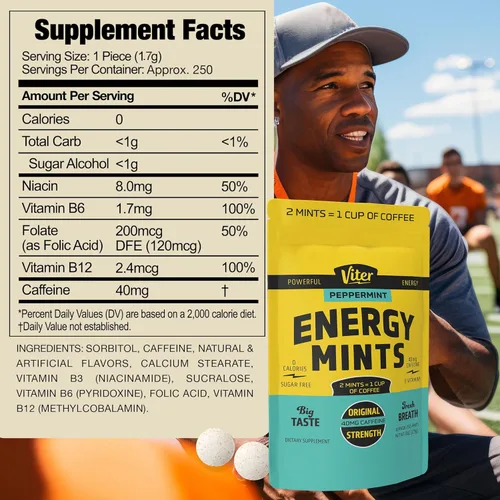 Miniatura 7 de Viter Energy Mentas con cafeína, 40 mg de cafeína, vitaminas B, sin azúcar. (menta, 8 onzas, bolsa a granel)
