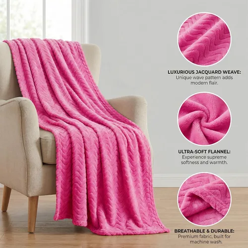 Miniatura 4 de Exclusivo Mezcla Manta para sofá, acogedora manta ligera de vellón con textura ondulada decorativa, adecuada para invierno, rosa intenso, 50 x 70