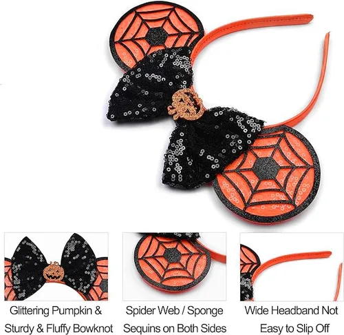 Miniatura 2 de JAWEAVER Diadema de orejas de ratón de Halloween, lazo de lentejuelas y calabaza, decoración de fiesta, disfraces, accesorios para el cabello