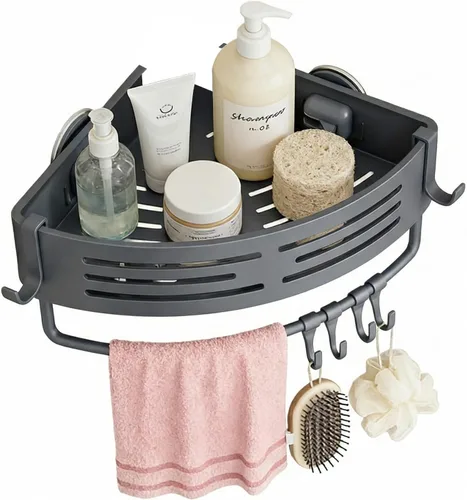 Paquete de 1 organizador de ducha esquinero, estante de ducha con ventosa sin taladro, con toallero, organizador de baño de aluminio para