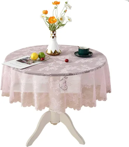 Mantel redondo de encaje rosa, vintage, clásico, ligero, decoración de mesa, 48 pulgadas, redondo