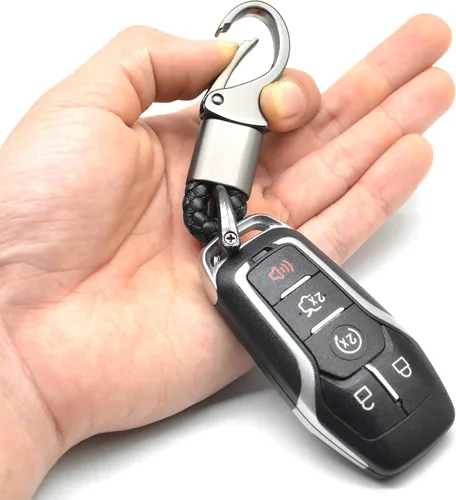 Miniatura 4 de Llavero de cuero para automóvil con anillo en D para hombres y mujeres, 1 paquete negro, giratorio de 360 grados, con destornillador