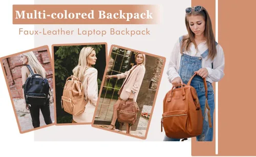 Miniatura 8 de Kah&Kee - Mochila de cuero con compartimento para laptop, ideal para viajes, escuela, para mujeres y hombres, Negro), PU1211
