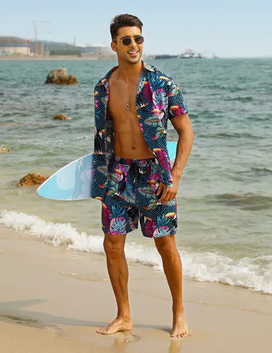 Miniatura 4 de EISHOPEER Conjunto hawaiano de flores para hombre, camisa de manga corta y pantalones cortos, trajes con sombreros de pescador