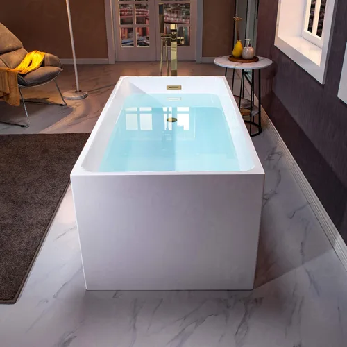 Miniatura 13 de WOODBRIDGE Bañera de acrílico independiente de 67 pulgadas, bañera blanca de remojo contemporáneo con desbordamiento y drenaje de oro cepillado