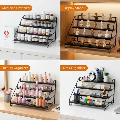 Miniatura 5 de Organizador de especias de 4 niveles para gabinete, organizador de condimentos ajustable con niveles antideslizantes, estante de especias de metal