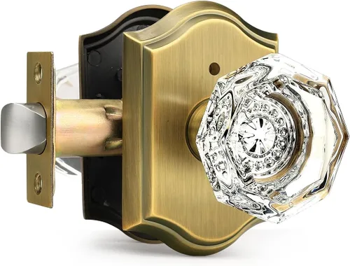 Gobrico Juego de pomos de puerta de vidrio transparente para interiores, cerradura de puerta de cristal de diamante de privacidad en latón antiguo,