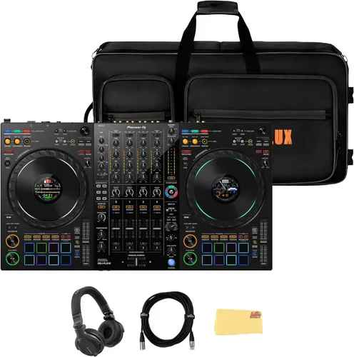Pioneer DJ DDJ-FLX10 Controlador profesional de DJ de 4 canales, paquete negro con funda de transporte, auriculares HDJ-CUE1, cable XLR y paño de