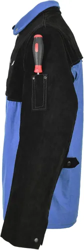 Miniatura 8 de QeeLink Chaqueta de soldadura mangas de cuero divididas Chaquetas de soldador híbridas de cuerpo de algodón resistente al fuego prémium