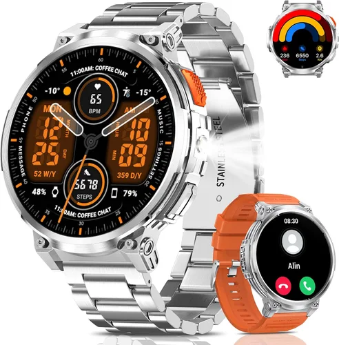 Miniatura 8 de Reloj inteligente militar de pantalla grande de 1.85 pulgadas para hombres con linterna, batería grande de 730 mAh, impermeable IP68, llamadas