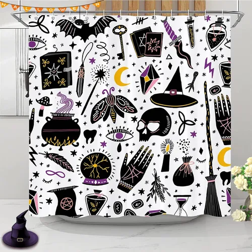 JOOCAR Juego de cortinas de ducha de Halloween, diseño de bruja mágica, bohemio, sin olor, ojales a prueba de óxido, ecológicas, color blanco y negro