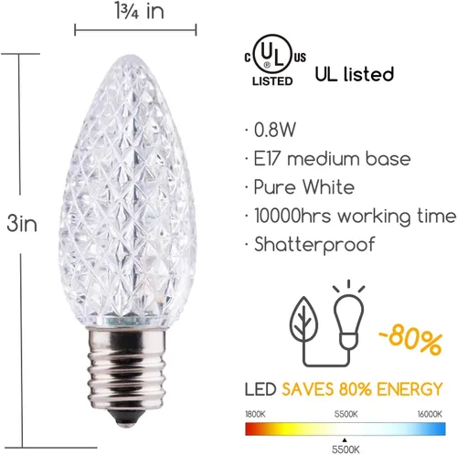 Miniatura 7 de Brightown Paquete de 50 bombillas LED C9 de repuesto para Navidad, bombillas LED C9 inastillables para cadena de luces de Navidad, base intermedia