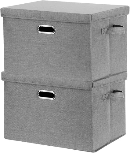Miniatura 13 de SNWDN Paquete de 3 contenedores plegables de tela con tapas, caja de almacenamiento de tela con tapas para uso doméstico y de oficina