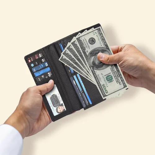 Miniatura 4 de Cartera de piel auténtica para mujer con bloqueo RFID, tarjetero triple para mujer, con ventana de identificación