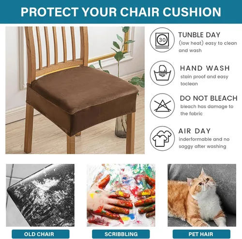 Miniatura 6 de Soft Dining Chair Seat Covers Set of 6, Velvet Seat Covers for Dining Room Chair Removable Washable Dining Room Chair Covers-Brown-6 Piece Marrón