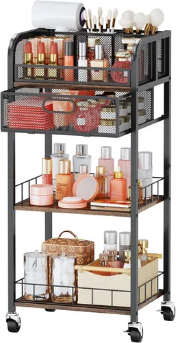 HapiRm Organizador de maquillaje, carrito de almacenamiento de 4 niveles para el cuidado de la piel con cajón, carrito de maquillaje rodante,