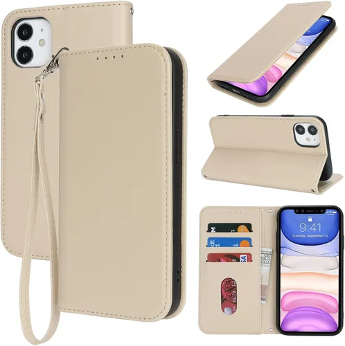 Funda para iPhone 11 con correa para la muñeca para mujeres y hombres, funda tipo cartera para iPhone 11 con tarjetero, bolsillo para efectivo, piel