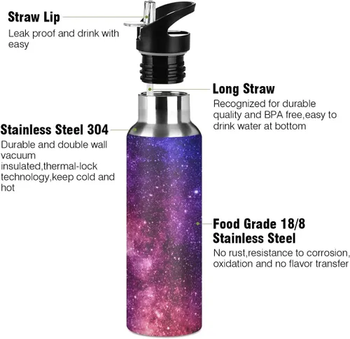 Miniatura 3 de xigua Botella de agua colorida y hermosa galaxia de acero inoxidable de 20.3 fl oz, a prueba de fugas, adecuada para gimnasio, escuela, niños