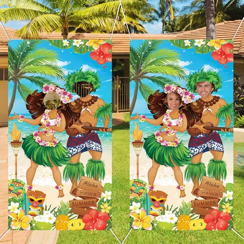 Miniatura 7 de HiParty Decoraciones de fiesta hawaiana Luau, pancarta de fotos de pareja Luau, accesorios de fotos de Tiki Luau para fiesta en la playa, pancarta