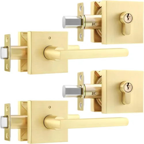 Miniatura 33 de Leydebong Paquete de 3 pomos de entrada dorados con llave igual, manija de puerta de entrada resistente, estilo contemporáneo, herrajes modernos