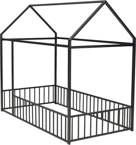 Miniatura 6 de CITYLIGHT Cama de casa tamaño individual para niños, cama Montessori de metal con diseño de valla, cama de suelo individual con rieles para niñas