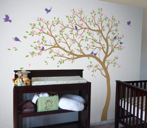 Miniatura 17 de Calcomanías de pared para árbol grande, calcomanías de árbol inclinado con pájaros, mural de vinilo decorativo KW032