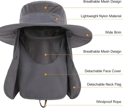 Miniatura 2 de Sombrero de pesca para hombres y mujeres, sombrero de ala ancha con solapa desmontable para el cuello y cubierta facial