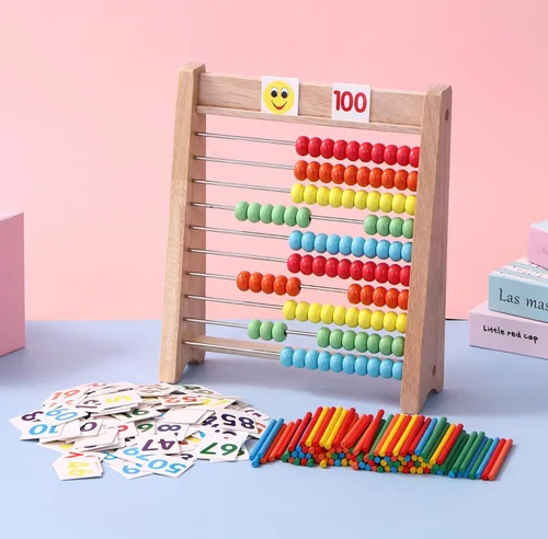 Miniatura 5 de Ábaco de madera para niños – 100 palos de conteo y tarjetas de juguetes de números del 1 al 100, juegos educativos de matemáticas para preescolar