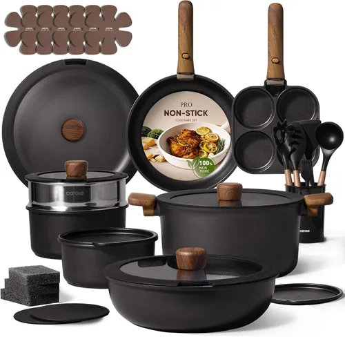 Miniatura 13 de CAROTE 19 piezas ollas y sartenes antiadherentes, juegos de utensilios de cocina con mango desmontable, ollas y sartenes de cocina de inducción