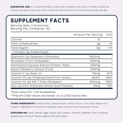 Miniatura 4 de Paquete de 2 gomitas de quercetina con bromelina, zinc, saúco, vitamina C D3 K2, suplemento de quercetina de 1000 mg con bromelina de 500 mg