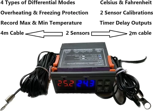 Miniatura 2 de Controlador de temperatura diferencial solar T2-T1 termostato con alarma fr Calentador de agua, piscina. bomba, enfriador, invernadero 2 sensores