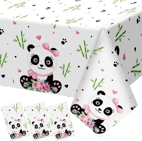 Coume Paquete de 3 decoraciones de fiesta de cumpleaños de panda, manteles temáticos de panda, manteles grandes de plástico lindo para niños, fiesta