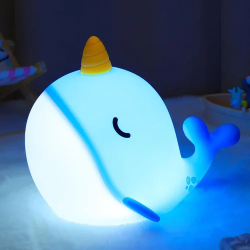 Miniatura 8 de Ammonite Luz nocturna de elefante azul, lámpara de bebé de elefante de silicona suave con 2 niveles de atenuación y temporizador de 20 minutos, luz
