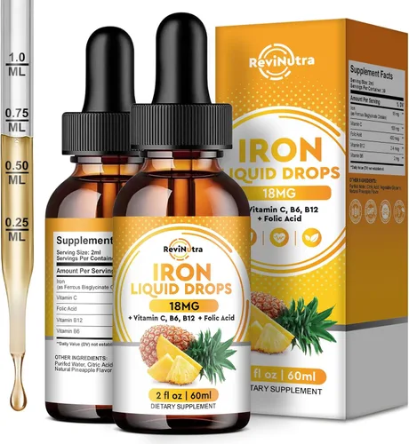 Paquete de 2 suplementos de hierro líquido para mujeres, hombres y niños, gotas de hierro líquido con folato, vitamina C, B6, B12 para anemia,
