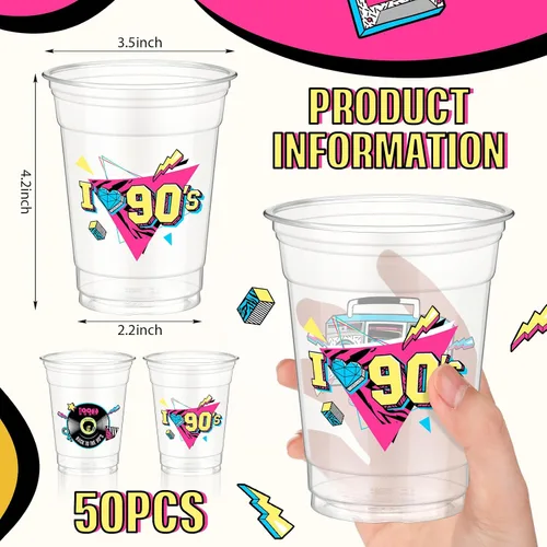 Miniatura 3 de Pickmesh 50 piezas de decoraciones de fiesta temática de los años 90, vasos de plástico de los años 90, suministros de fiesta de hip hop, 12 onzas