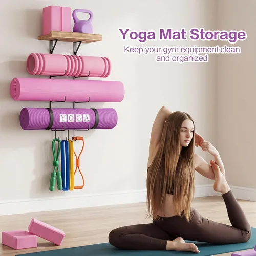 Miniatura 8 de Bikoney Soporte para Esterilla de Yoga Montaje en Pared Almacenamiento de Esterilla de Yoga Accesorios de Gimnasio en Casa con Estantes Flotantes