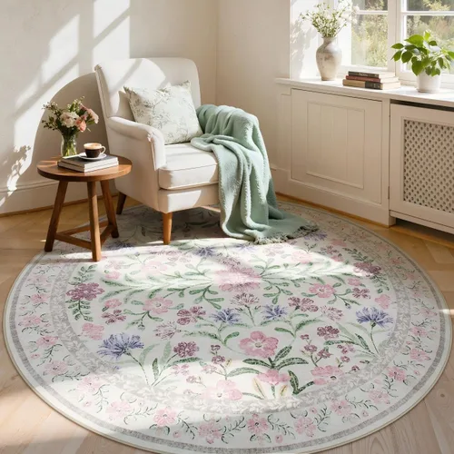 Miniatura 28 de Lahome - Alfombra redonda bóhema de color rosa claro de 4 pies, alfombras pequeñas circulares lavables para dormitorio de niños, alfombra circular