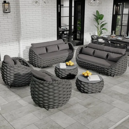 Miniatura 21 de Juego de muebles de patio de cuerda de 4 piezas: conjunto de sofás al aire libre de aluminio acolchado - sofá de conversación moderno ensamblado