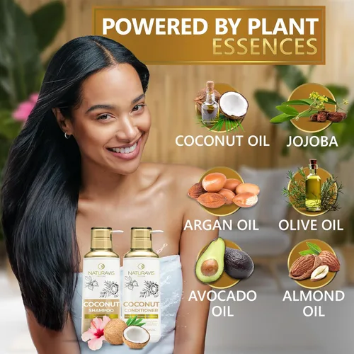 Miniatura 4 de Juego de champú y acondicionador de coco, sin sulfatos y sin parabenos, tratamiento hidratante intenso con jojoba, para hidratar tu cuero cabelludo