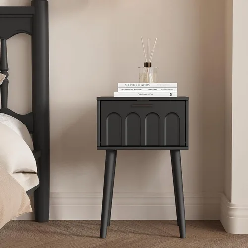 Miniatura 2 de LAATOOREE Juego de 2 mesitas de noche, mesa auxiliar de cama pequeña con puerta de arco, mesa auxiliar de mediados de siglo con patas de madera