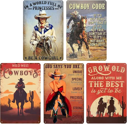5 letreros de lata vintage de vaquero occidental, decoración de pared de metal retro para garaje, cueva de hombre, bar o hogar, 8 x 12 pulgadas,