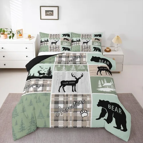 Miniatura 55 de Juego de edredón de oso y ciervo, tamaño individual, ropa de cama de animales salvajes de caza, colcha rústica de cabaña, casa de campo, cuadros
