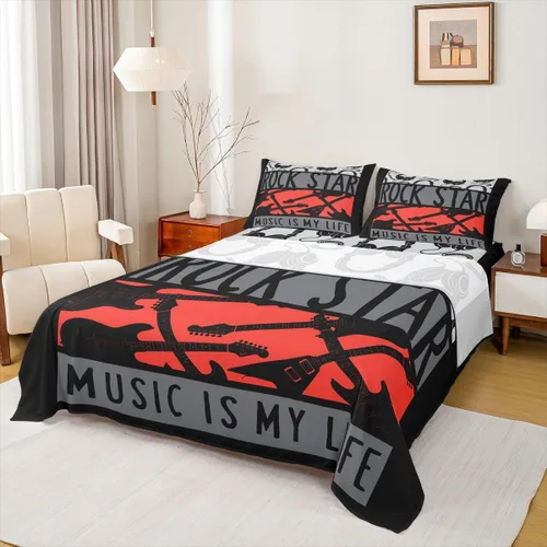 Miniatura 14 de Erosebridal Juego de sábanas tamaño individual de guitarra para niños y niñas, sábanas de teclados de piano, juego de cama con temática musical