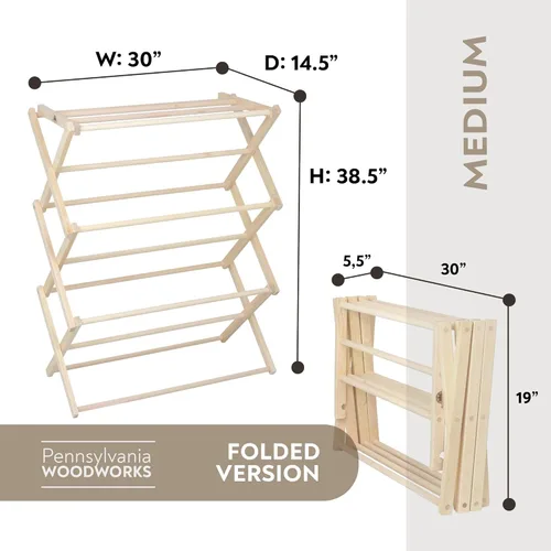 Miniatura 5 de Pennsylvania Woodworks Escurridor de ropa de arce americano premium, hecho a mano en Pennsylvania, construcción de madera maciza, plegable, solución